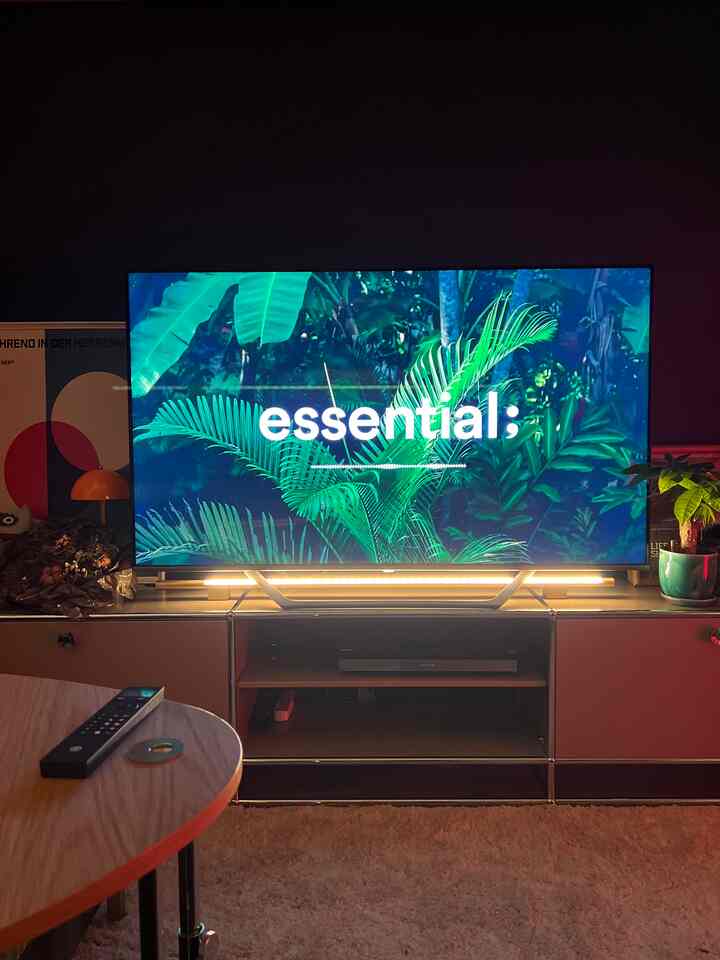 ネイビーの壁とベージュのUSMハラーのテレビ台、両側に植物が配置されたモダンなリビングルーム