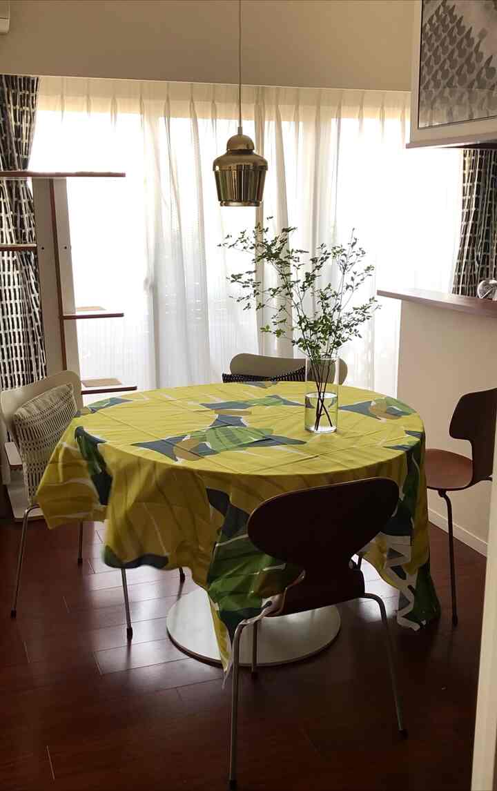 明るい黄色とブラウンのトーンが特徴のダイニングルーム、テーブルの上に植物が配置された清潔で居心地の良い空間