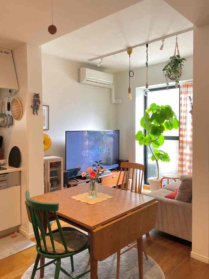 ナチュラルな木目調とグリーン植物が調和する一人暮らし用のダイニングルームとリビング空間