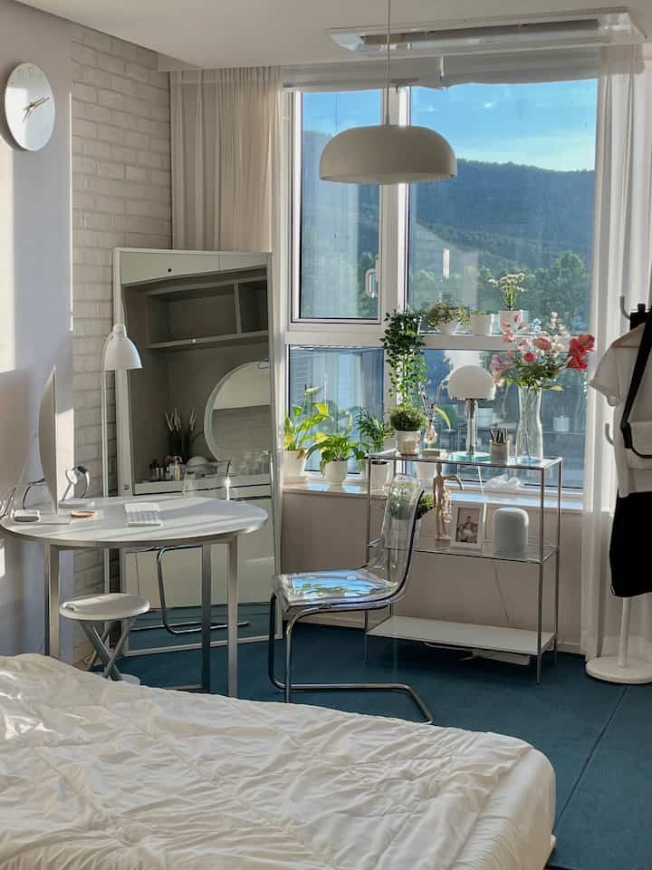 White and metal tone studio apartment featuring transparent chair and plants with a modern, bright remote work space