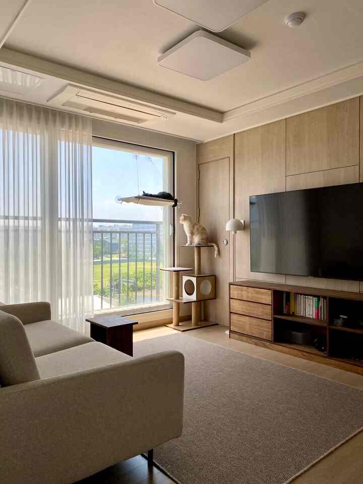 Natural toned living room featuring beige sofa, cat tower, and window hammock creating a cozy atmosphere