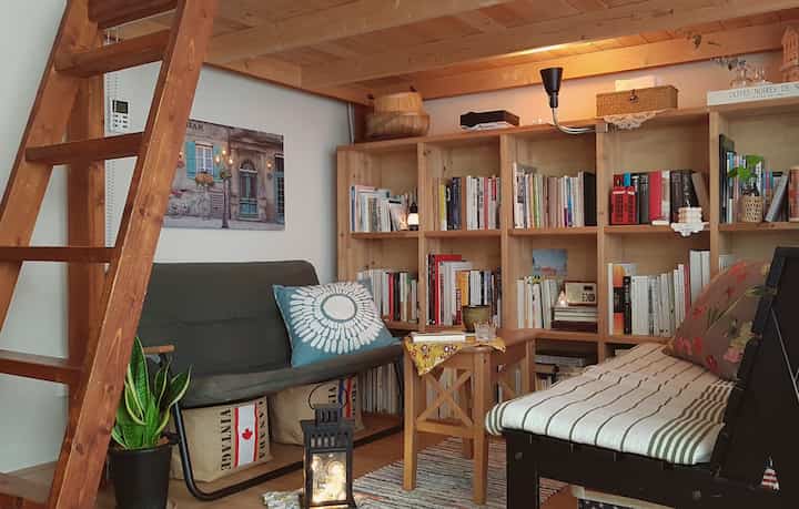 Natural wood-toned living room featuring a loft ladder, bookshelf, and cozy seating arrangement