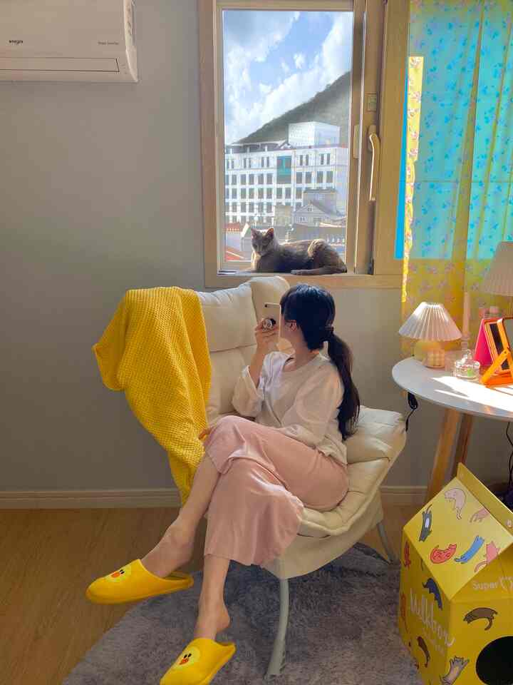 Bright yellow and white toned living room featuring cat on windowsill, comfortable chair, and patterned curtains in a cozy space