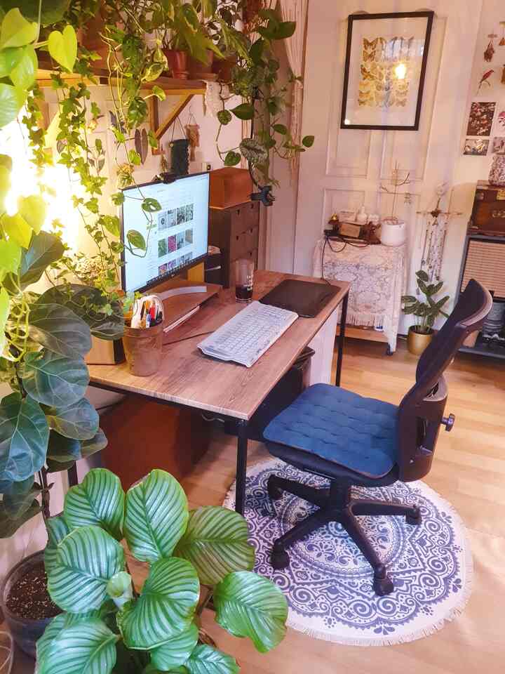 Warm natural toned home office featuring wooden desk and office chair surrounded by diverse plants creating a cozy atmosphere
