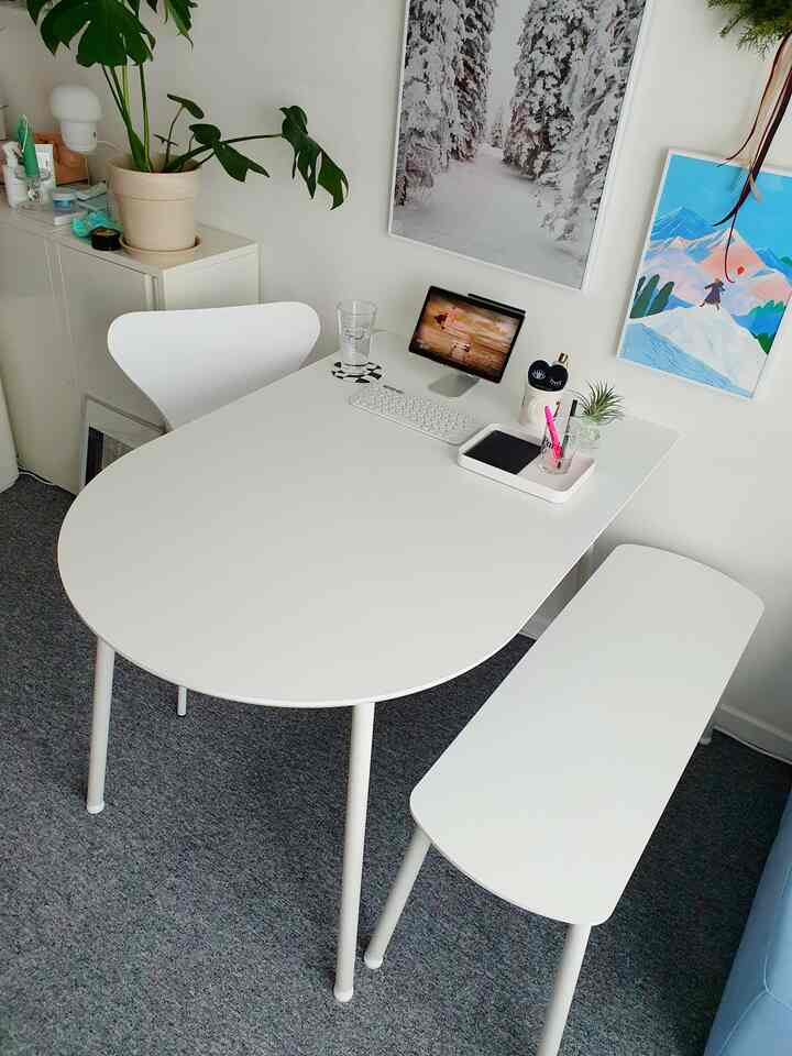 White-toned dining room featuring a dining table and chair with simple natural elements