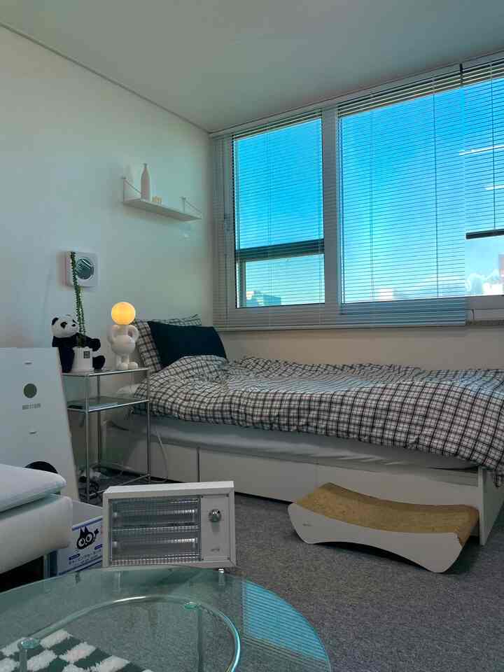 White and gray toned bedroom featuring a no-headboard storage bed and window blinds in a clean, simple space