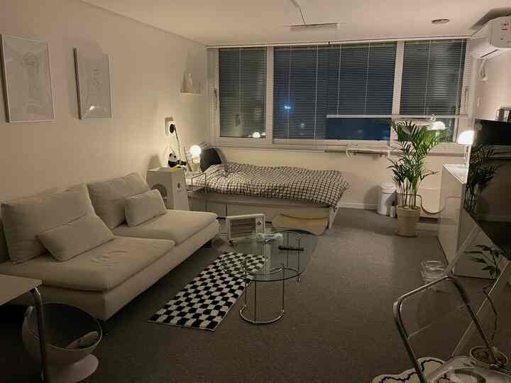 ホワイトとグレーの色調のワンルームリビング・寝室空間、モダンな家具と照明、キャットタワーが配置された居心地の良い雰囲気のインテリア