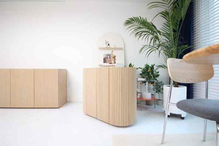 ナチュラルな木目調と白い壁のリビング、丸いモジュール収納と植物が配置された印象的な空間