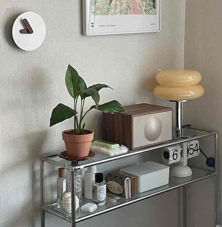 柔らかな黄色と茶色のトーンの壁と棚、植物とテーブルランプが配置された印象的な空間