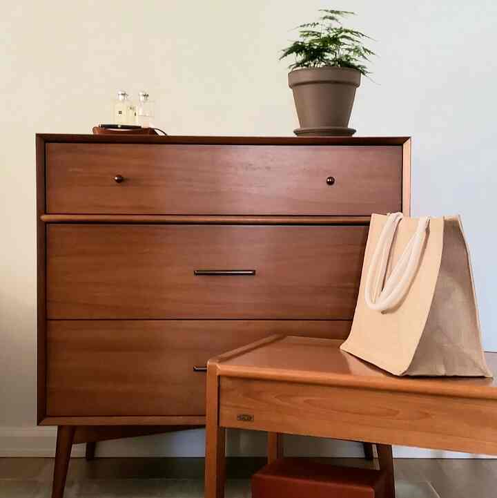 Natural brown wood-tone dresser and side table featuring a chocolate-colored plant pot with asparagus, presented in a clean interior space