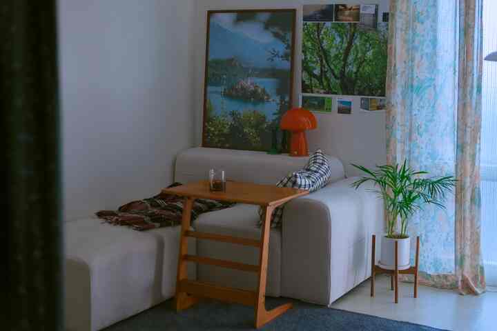 Natural modern living room with white walls and sofa, wood-tone side table, and plant stand near floral curtains