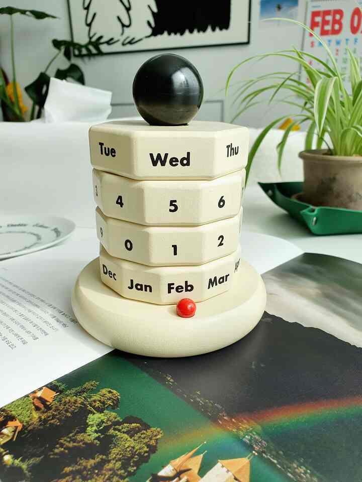 A simple and modern space with a perpetual calendar on a natural wood tone and white table surface