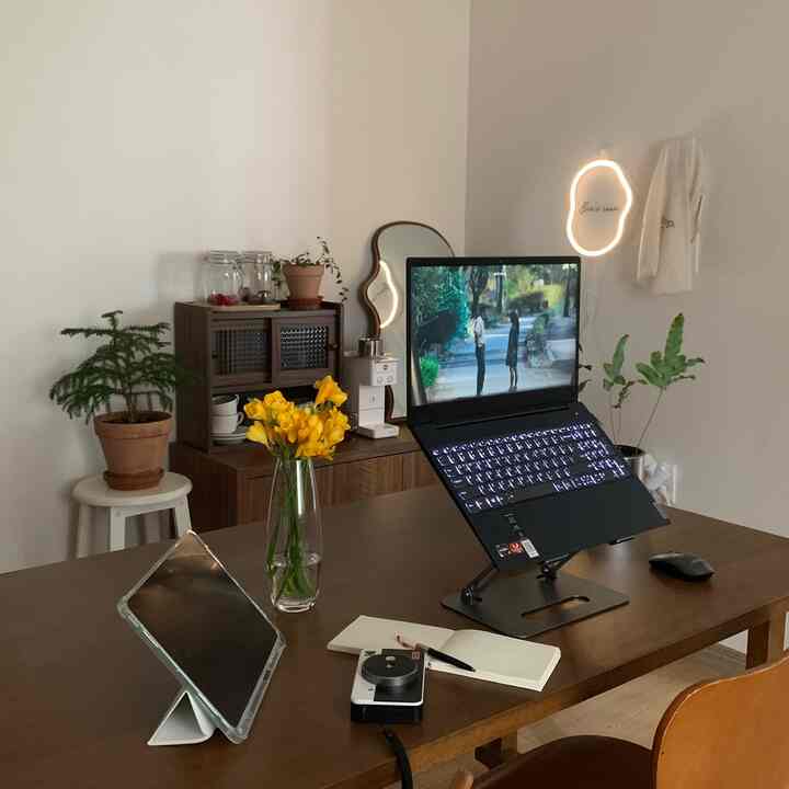 Natural-tone home office space featuring a wooden desk with laptop and plants creating a cozy work area