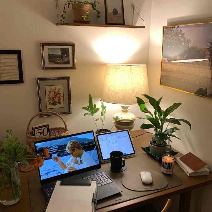 Warm wood tone natural home office space featuring desk with laptop, lamp and plants creating cozy atmosphere