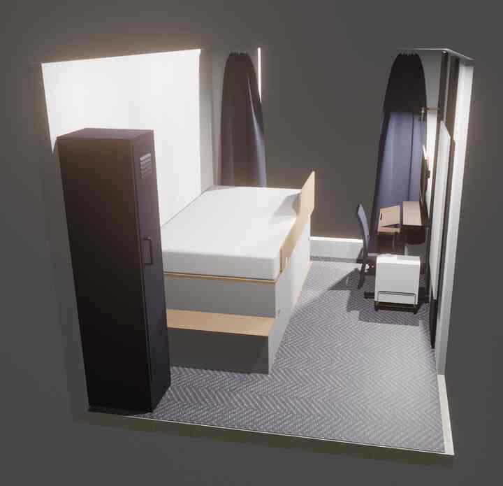 ホワイトとネイビートーンの狭い一人用寝室、ベッドとデスク、キャビネットが効率的に配置されたモダンな空間