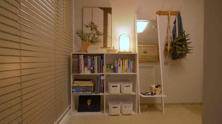 A narrow room with harmonious white and beige tones featuring a bookshelf, full-length mirror, and plants creating a natural cozy powder room.