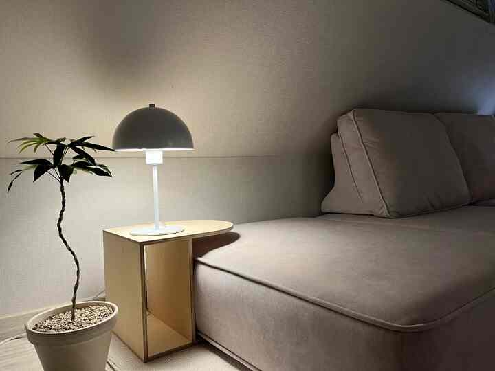 ナチュラルな色調の低い天井の部屋、ベージュのソファと黄漆の木の鉢植え、照明が温かみのある雰囲気を作る空間
