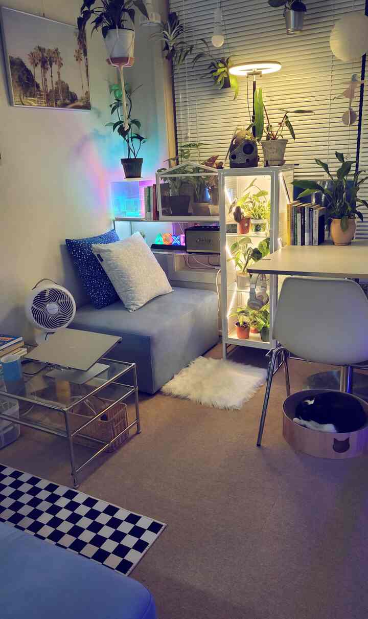 A natural-toned compact balcony room featuring pastel blue sofa, numerous plants, and a table lamp creating cozy indoor ambiance