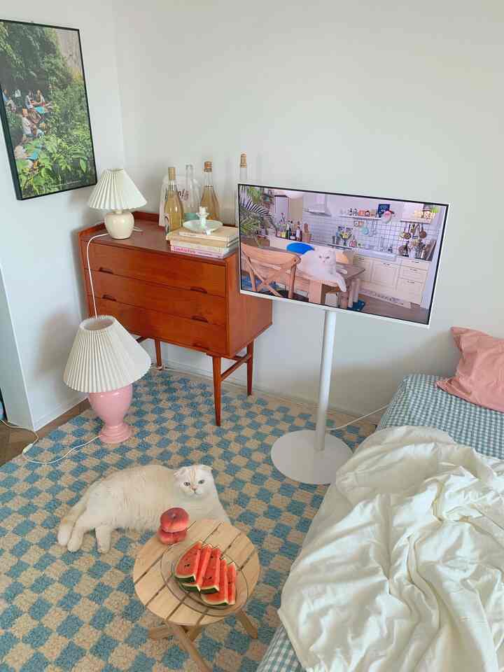 A white and blue toned bedroom featuring two cats, a wooden console dresser, and a checkered carpet creating a cozy ambiance