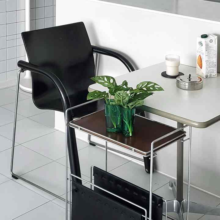 白いタイルの床とダイニングテーブルがある空間、黒い椅子と茶色のサイドテーブル上の緑の植物が配置されたミニマルなインテリア