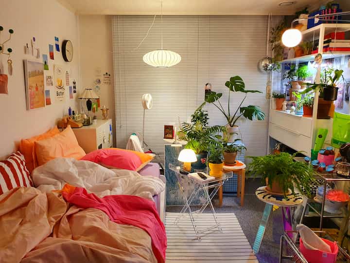 Bright white and pink toned studio bedroom featuring abundant plants and a transparent side table, creating a cozy atmosphere