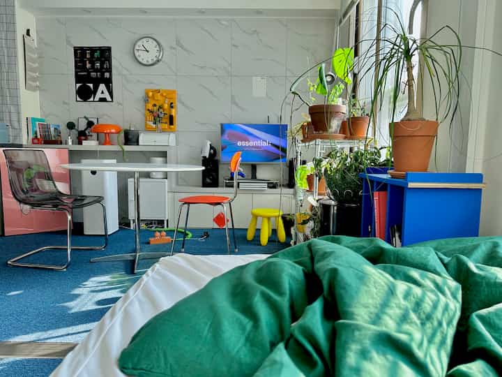 スカイブルーのカーペットが敷かれたリビング兼寝室空間、白い丸テーブルとオレンジチェア、豊富なグリーンプランツが配置されたモダンで活気のあるインテリア