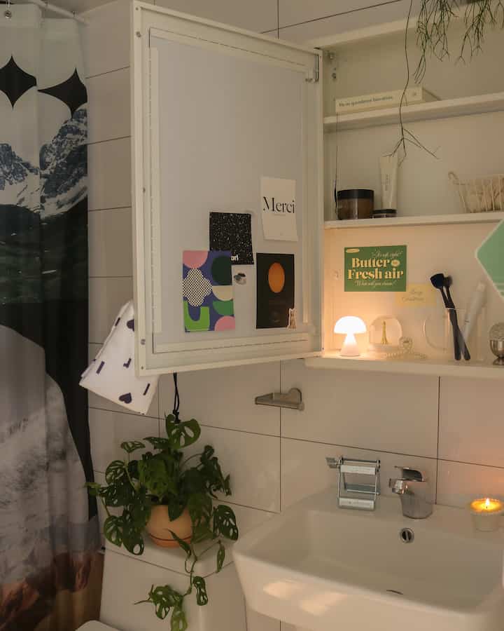White-toned bathroom featuring an Ikea mirror cabinet and a Monstera plant, creating a cozy and clean atmosphere