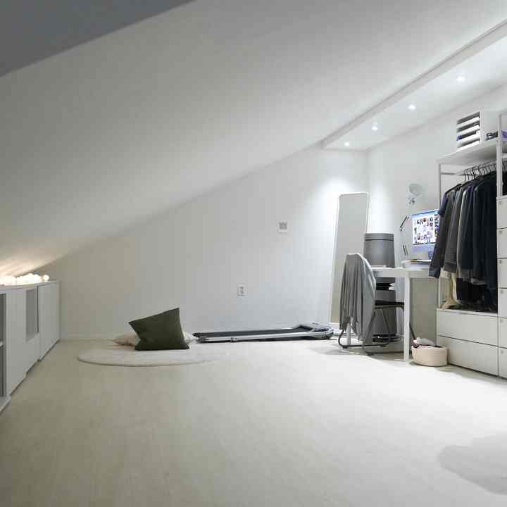 White-toned loft space featuring desk, shelves, a treadmill, and a cat, creating a practical and calm atmosphere