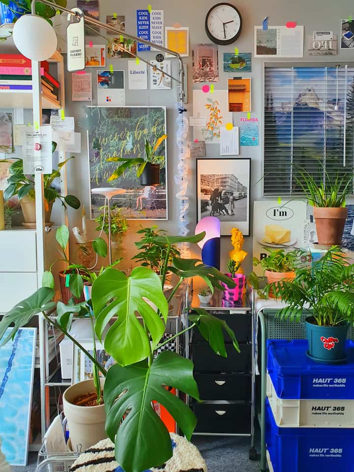 緑豊かな植物と多様な額縁が配置されたワンルーム寝室、多彩なポスターと照明が調和した雰囲気のある空間