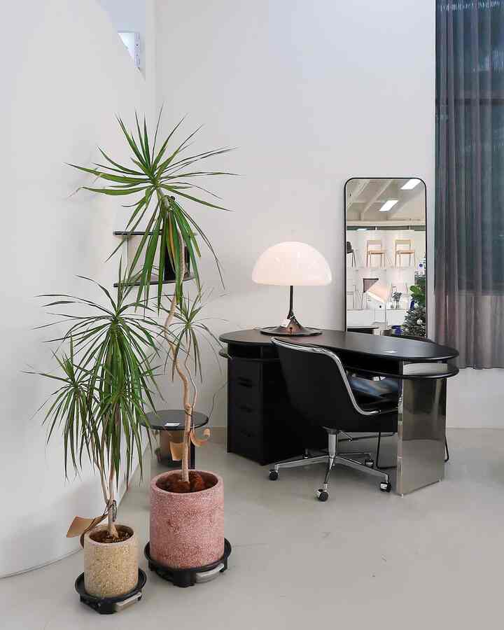 A clean home office space featuring black furniture and white walls accented with green plants
