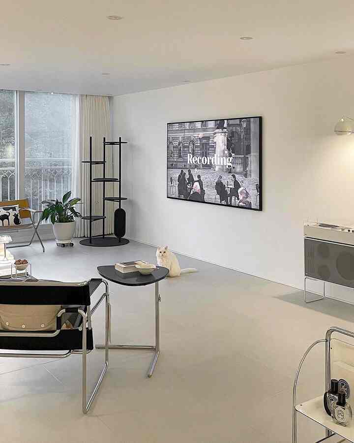 明るいホワイトトーンのミッドセンチュリーモダンリビング、アームチェアとキャットタワー、中央の床に座る猫がいるシンプルな空間