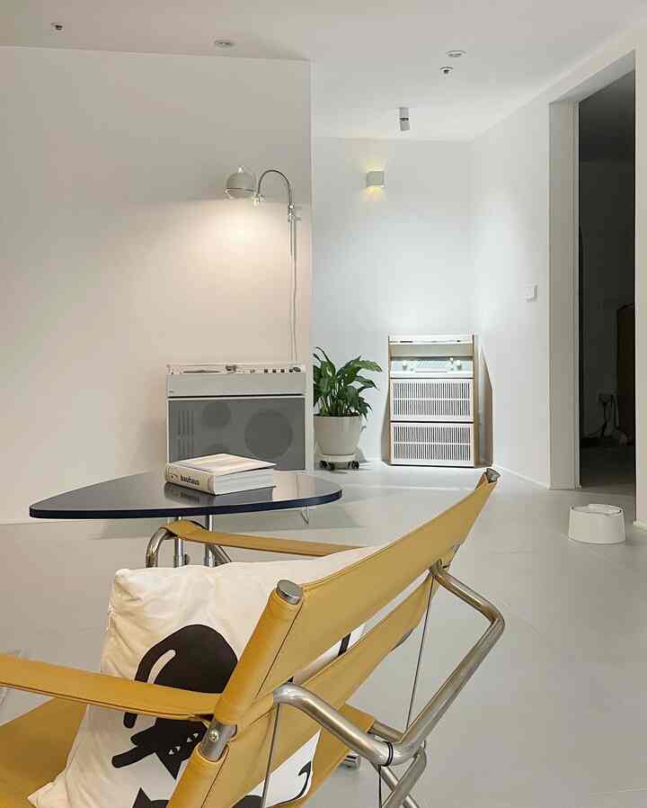 White and navy toned living room featuring mid-century modern armchair, triangular table, and cat-friendly elements