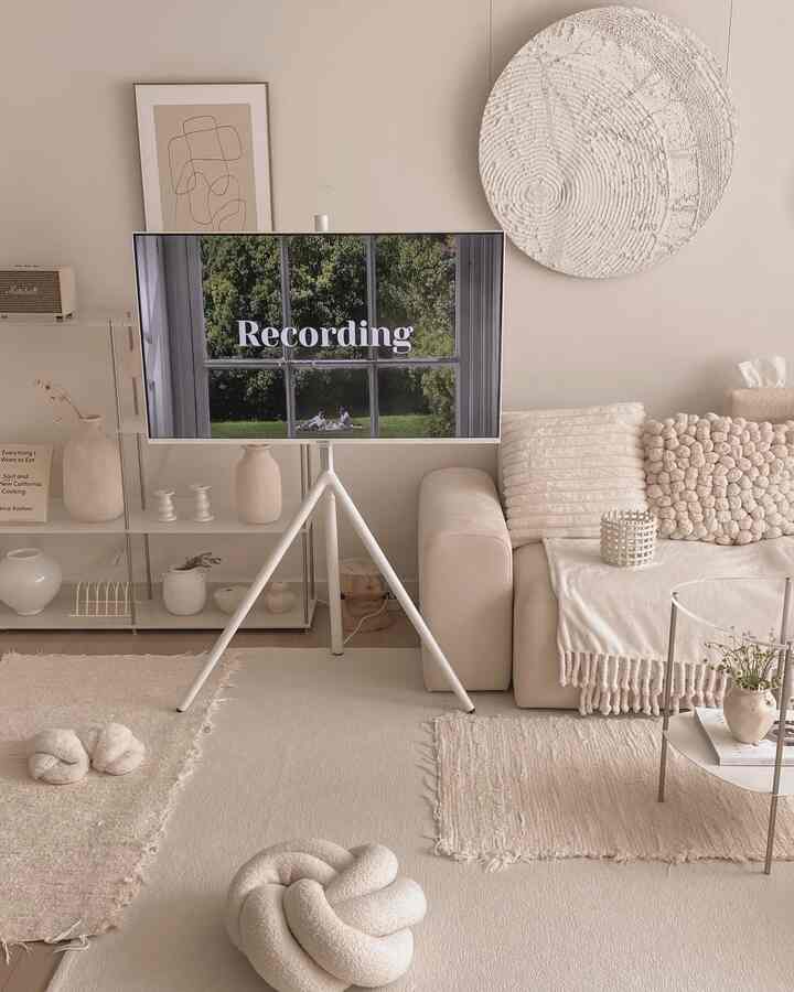 White-toned living room featuring standing TV, sofa, rugs, and cushions with a simple and cozy atmosphere