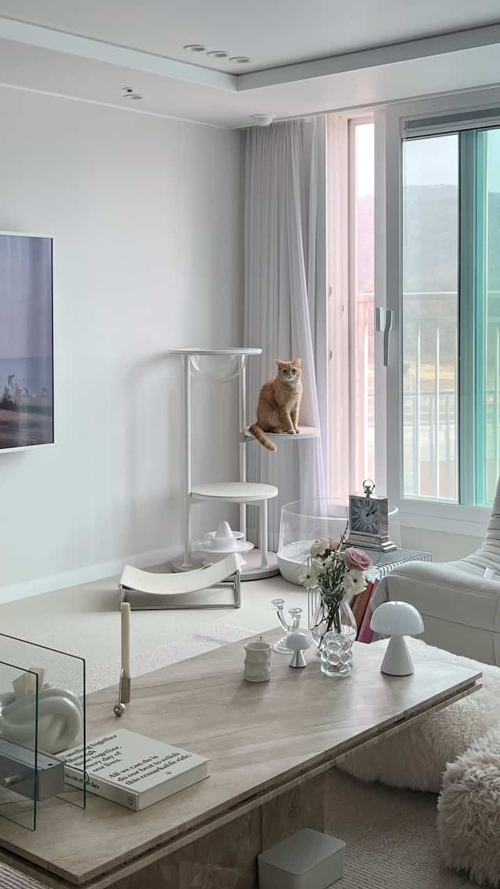 White-toned living room featuring a white cat tower with a cat, presenting a modern and clean interior