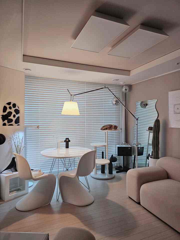 Cozy living room in white and natural tones featuring cats and pet furniture