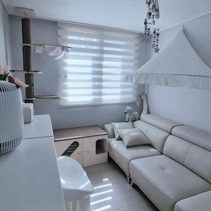 Bright white and ivory toned living room with cat tower by the window, pet house furniture, and spacious sofa, creating a clean cat-friendly space