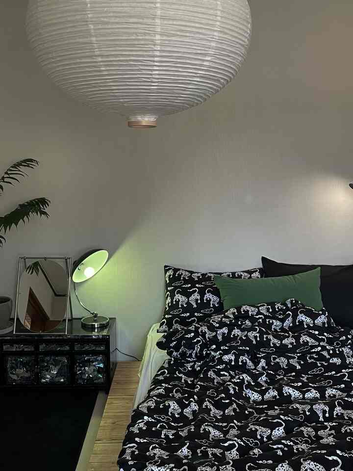 Gray and white toned bedroom featuring a low wooden bed with black leopard print bedding and green accent pillows in a modern Korean style.