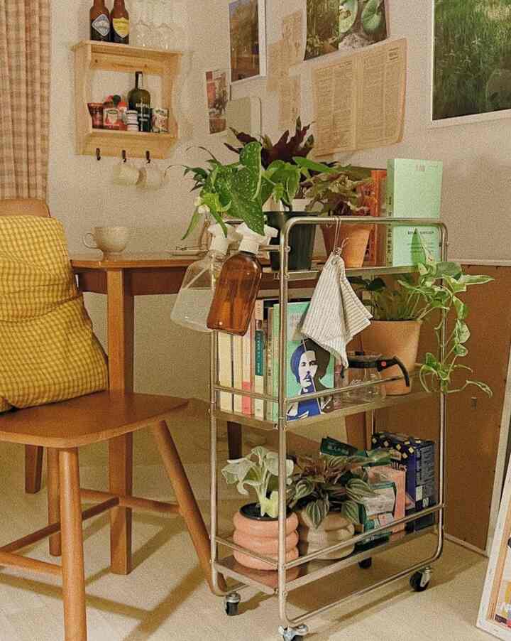 ナチュラルな色調のリビングスペース、トローリーに植物や本が配置され、木製の椅子と調和のとれた雰囲気のあるインテリア