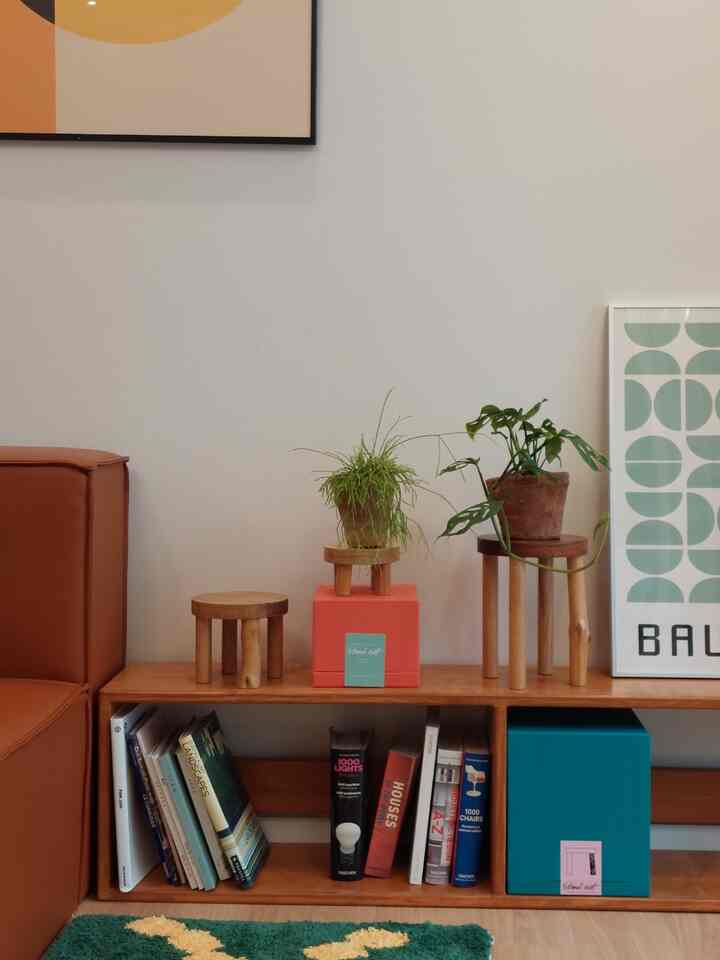 Warm wood tone and brown living room featuring plants, wooden stools, and picture frames arranged in a simple, cozy interior