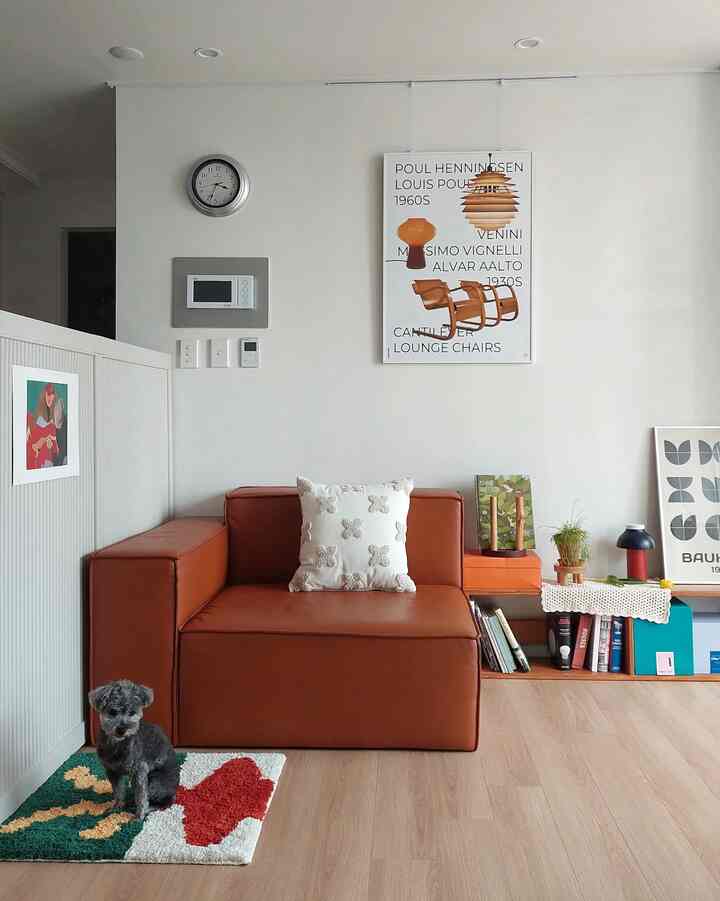 Natural-toned living room with brown leather sofa, white cushion, small dog on colorful rug and framed posters