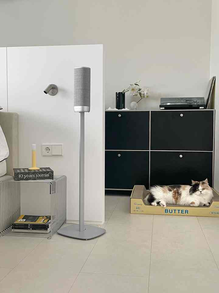 A white and black toned living room featuring a cat scratching post and modern storage cabinets in a cozy pet-friendly space