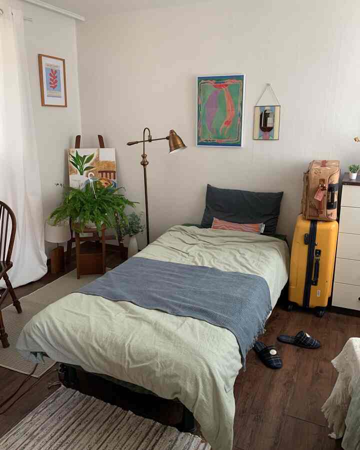 Natural wood tone bedroom featuring a simple bed, green plants, and artistic posters creating a cozy atmosphere