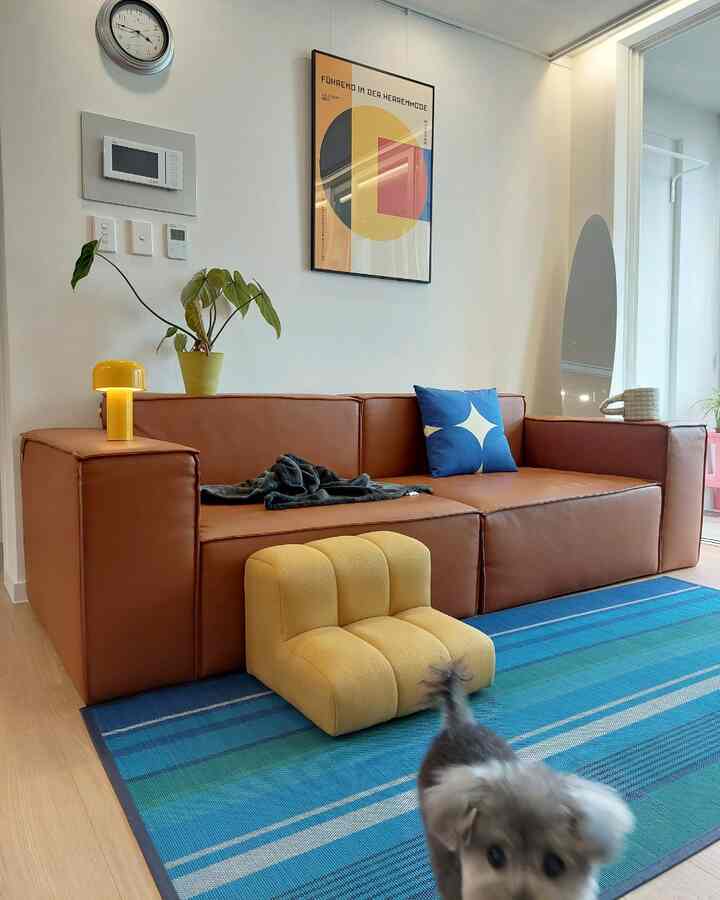 Living room with orange modular 3-seater leather sofa, complemented by blue rug and yellow pet step creating cozy atmosphere