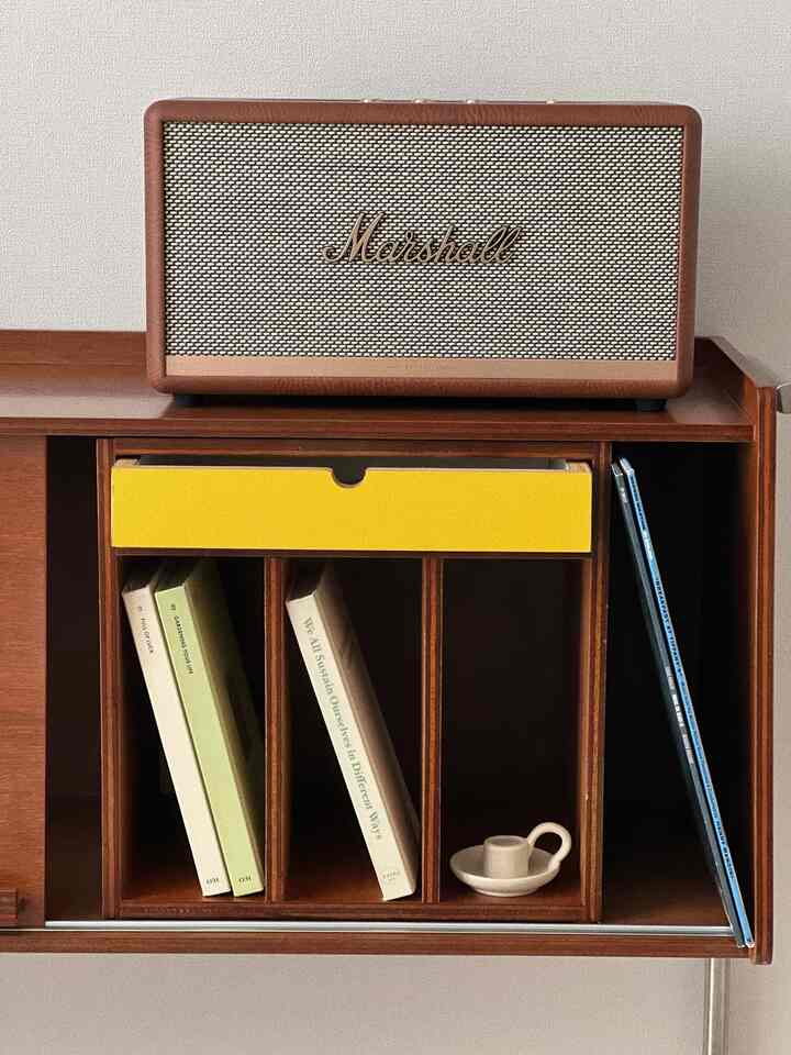 Wood tone living room cabinet featuring retro Marshall speaker, conveying cozy home cafe atmosphere