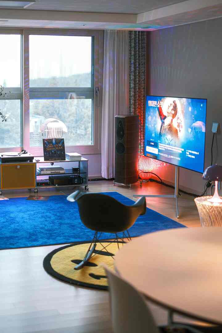Navy-toned rug and wood-toned floor living room featuring a turntable, large speaker, and LG OLED TV in a modern audio and home cinema setup