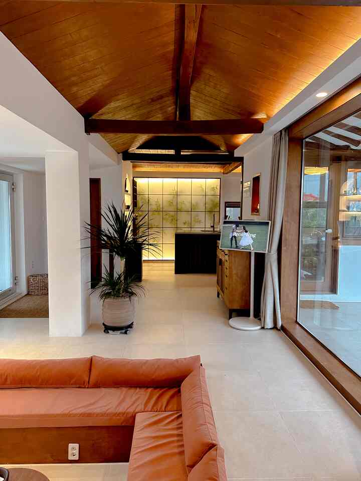 暖かい木目調の天井が印象的なリビング、巨大な室内植物とオレンジ色のソファが配置された現代的な韓国風宿泊施設