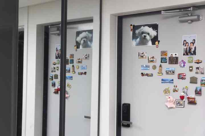 グレーの玄関ドアに様々な写真やマグネットが飾られ、左側には大きな収納クローゼットと全身鏡があるインテリア