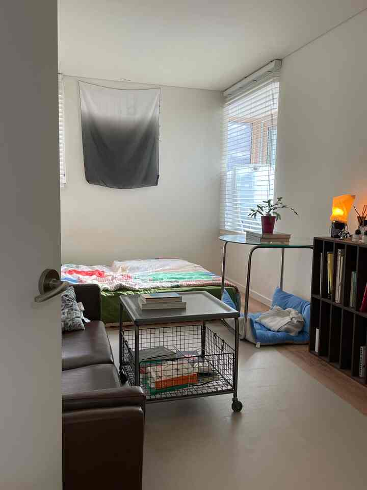 ナチュラルな色調の狭いリビング兼寝室、ブラウンレザーソファと透明なテーブル、壁に掛けられたグラデーションの布が配置された居心地の良い空間