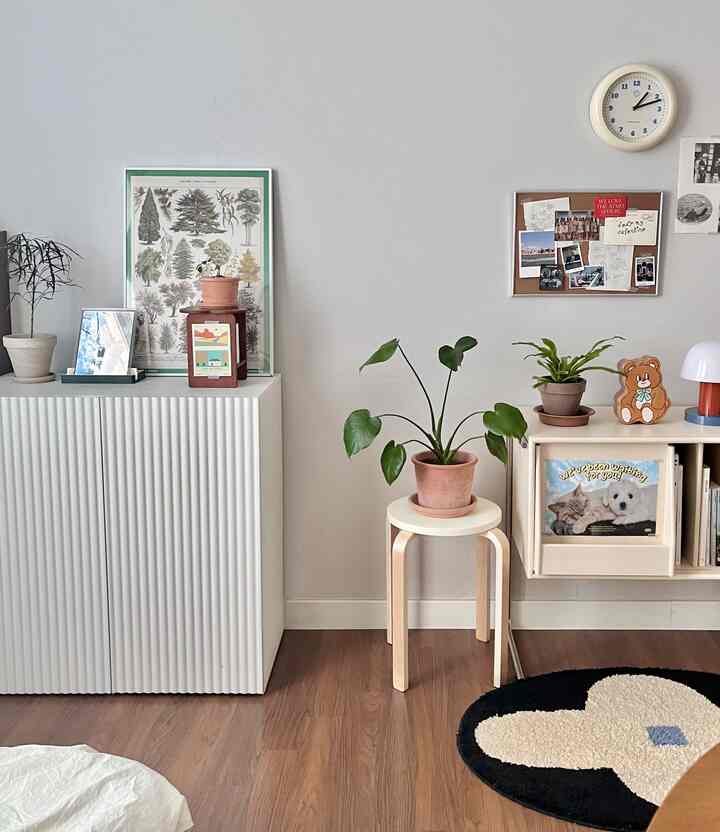 白い壁とブラウンの木製床にナチュラルな木製スツールと様々な鉢植えが配置されたシンプルで自然なリビング空間