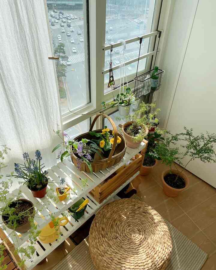 ナチュラルトーンのベランダ、さまざまな植物の鉢とラタンのスツール、白い木製棚が置かれた雰囲気のある空間